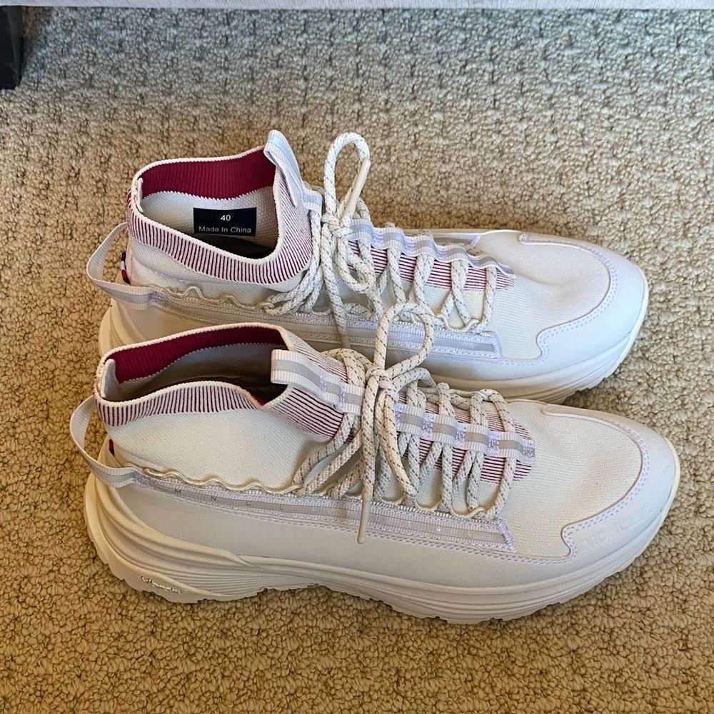 Moncler White and Pink High-Top Sneakers